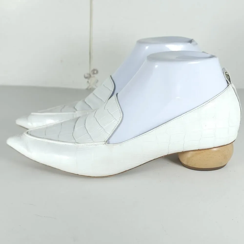 Jeffrey Campbell Viona Women's US 7 Ivory Croc Embossed Leather Wood Heel Shoes